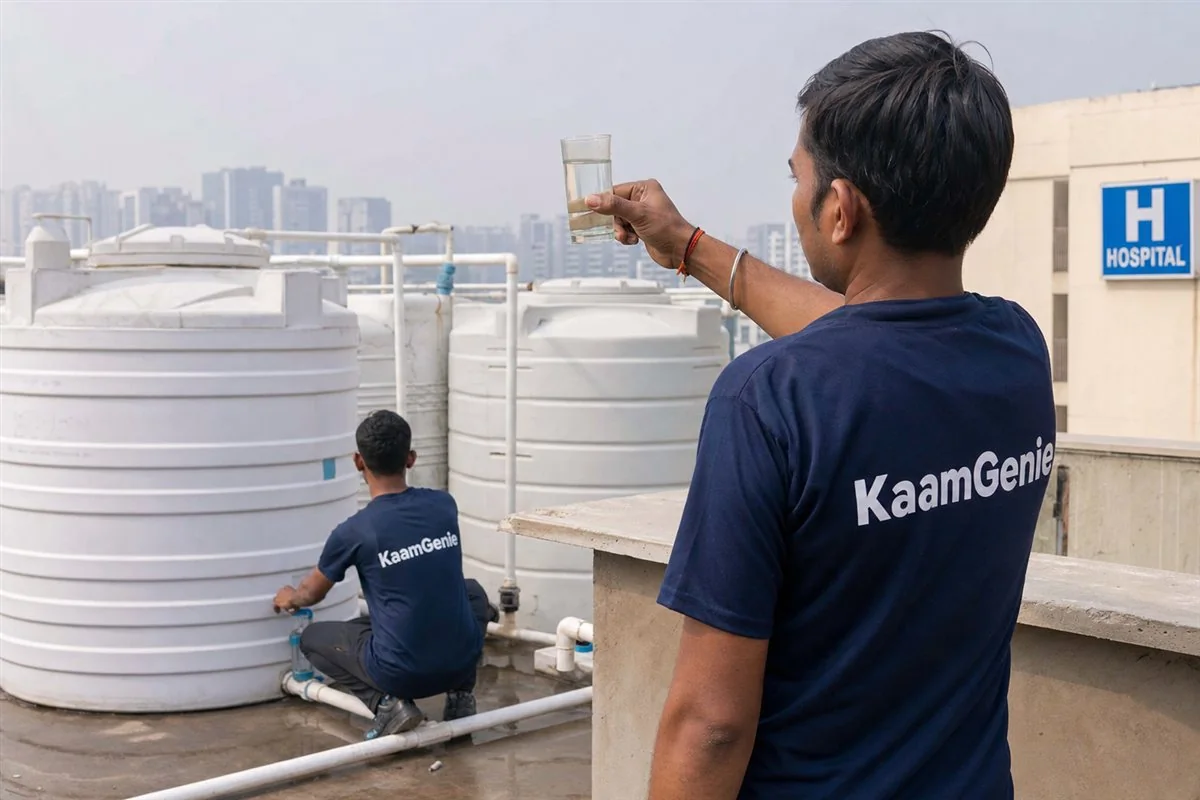 A KaamGenie worker in a navy shirt testing water clarity in a glass beside a freshly cleaned hospital tank in Noida