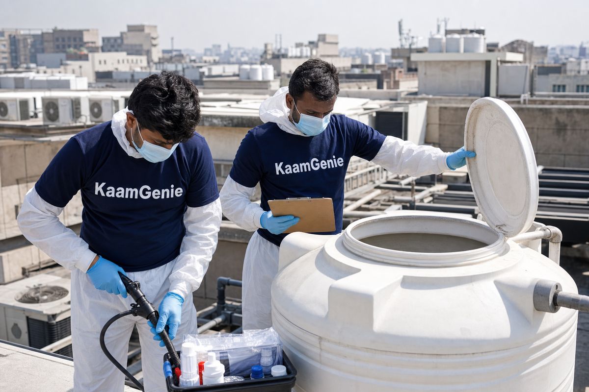 KaamGenie crew in PPE servicing a Delhi hospital water tank under NABH-compliant sterility protocol