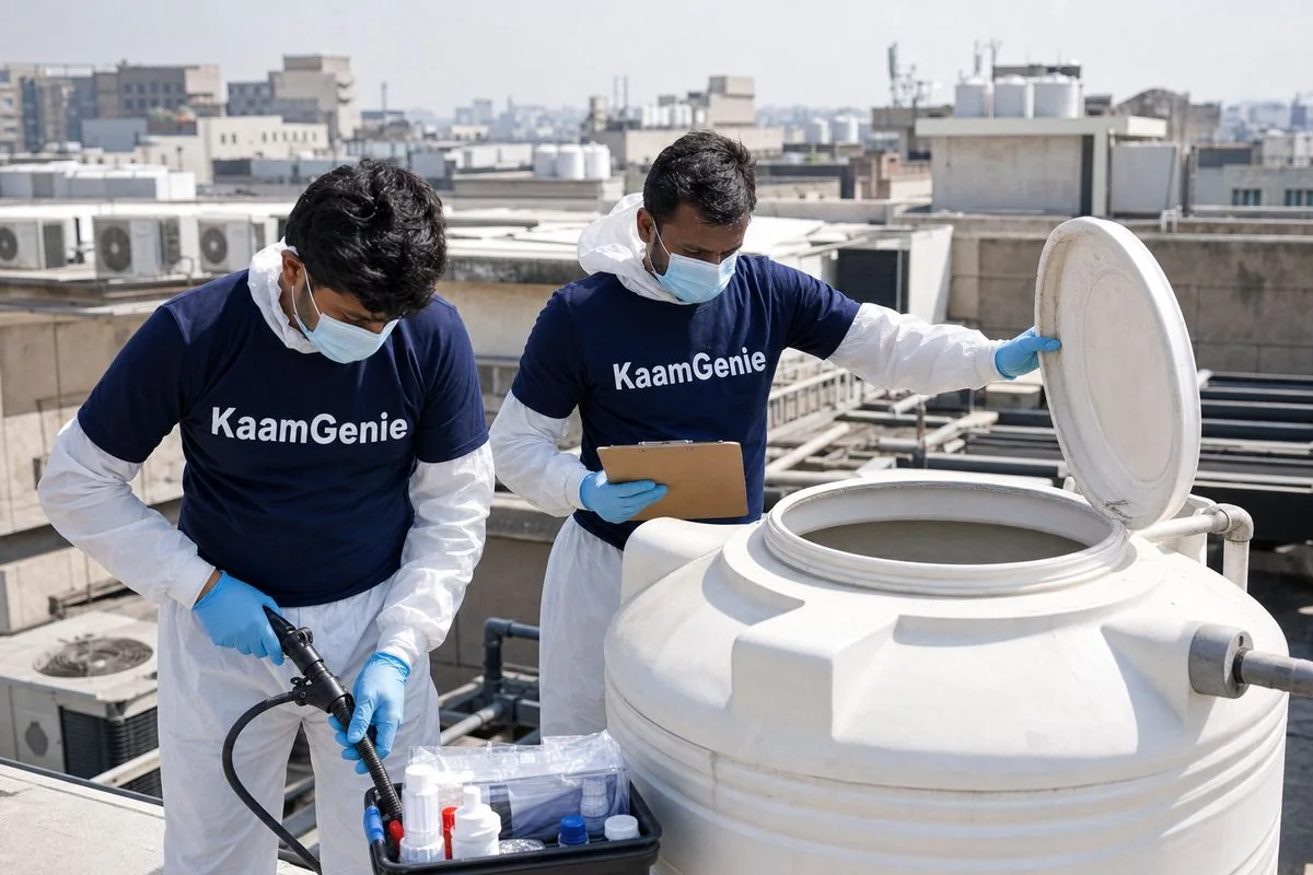 KaamGenie crew in PPE servicing a Delhi hospital water tank under NABH-compliant sterility protocol