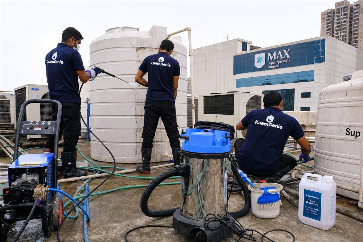 KaamGenie crew in navy uniforms servicing a large water storage tank on the terrace of a Delhi hospital building