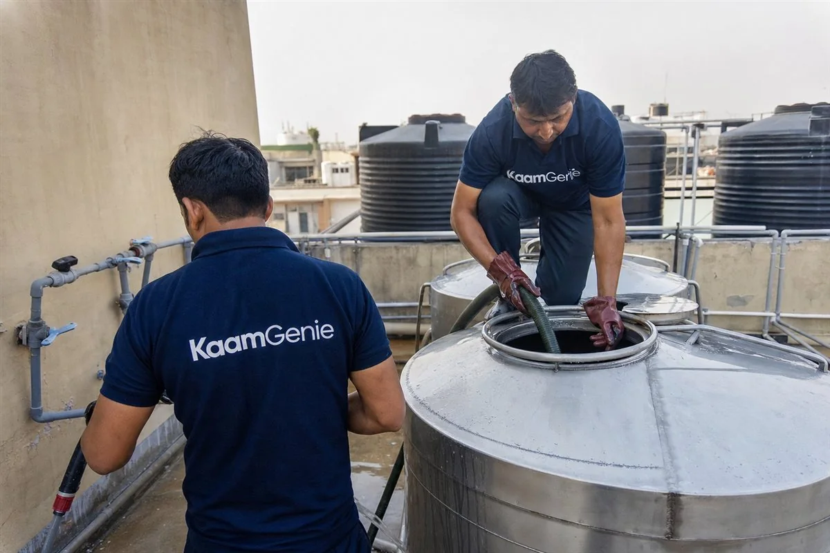 Two KaamGenie workers in navy shirts cleaning a large stainless commercial kitchen water tank behind a Delhi hotel near the airport