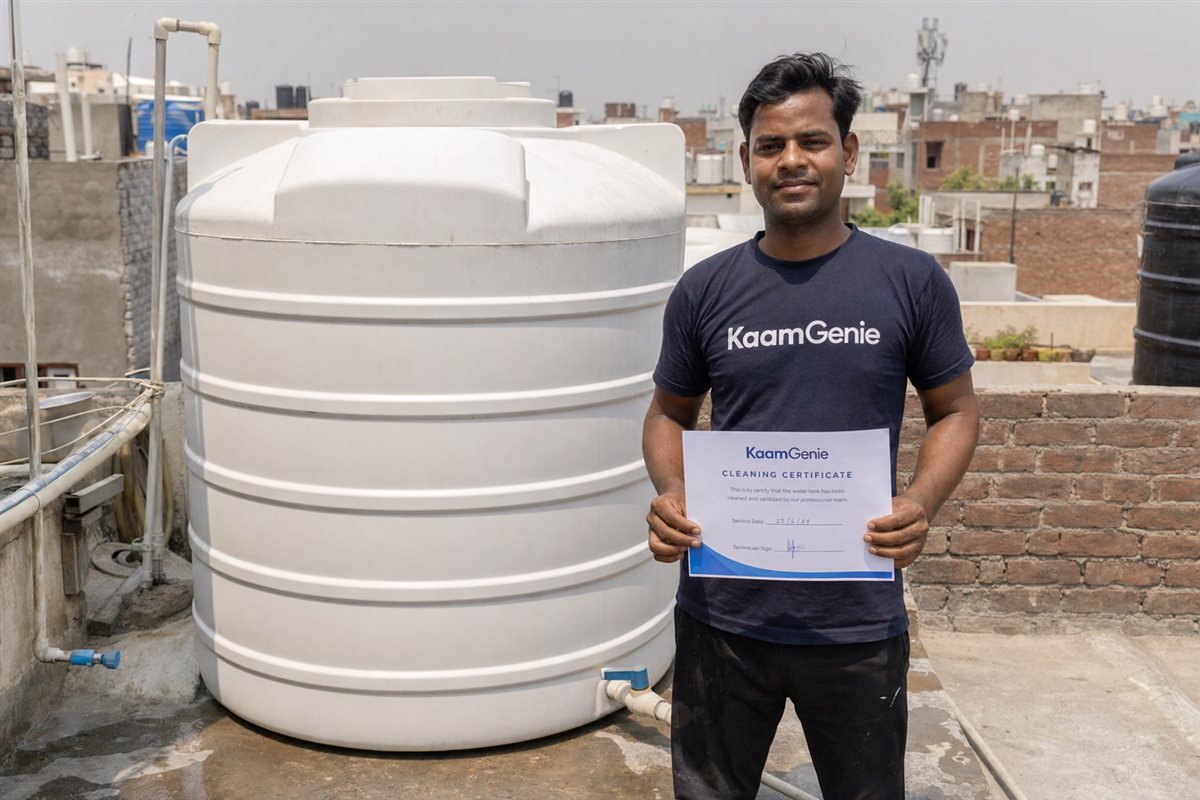 A KaamGenie worker in a navy shirt holding a printed cleaning certificate beside a freshly cleaned commercial water tank at a Delhi hotel