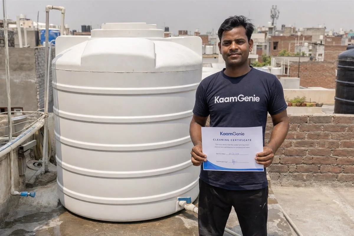 A KaamGenie worker in a navy shirt holding a printed cleaning certificate beside a freshly cleaned commercial water tank at a Delhi hotel