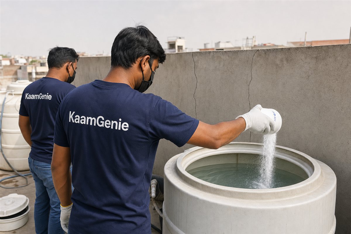 A gloved hand pouring measured food-grade chlorine into a clean restaurant water tank in Delhi
