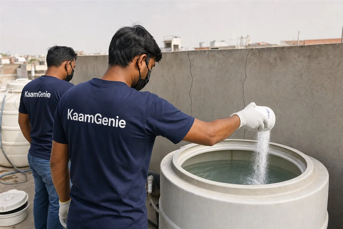 A gloved hand pouring measured food-grade chlorine into a clean restaurant water tank in Delhi