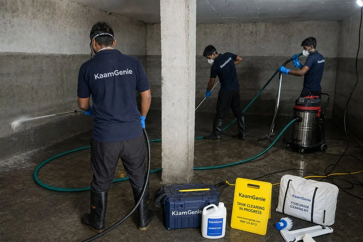 KaamGenie crew cleaning a large underground water reservoir at a Delhi hotel overnight while guests sleep