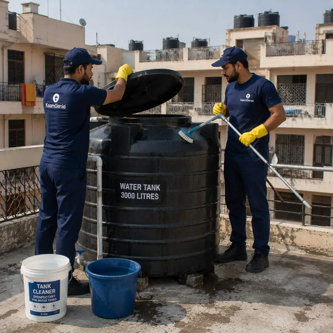 KaamGenie crew cleaning a water tank in Housing Complex Loni Road, East Delhi