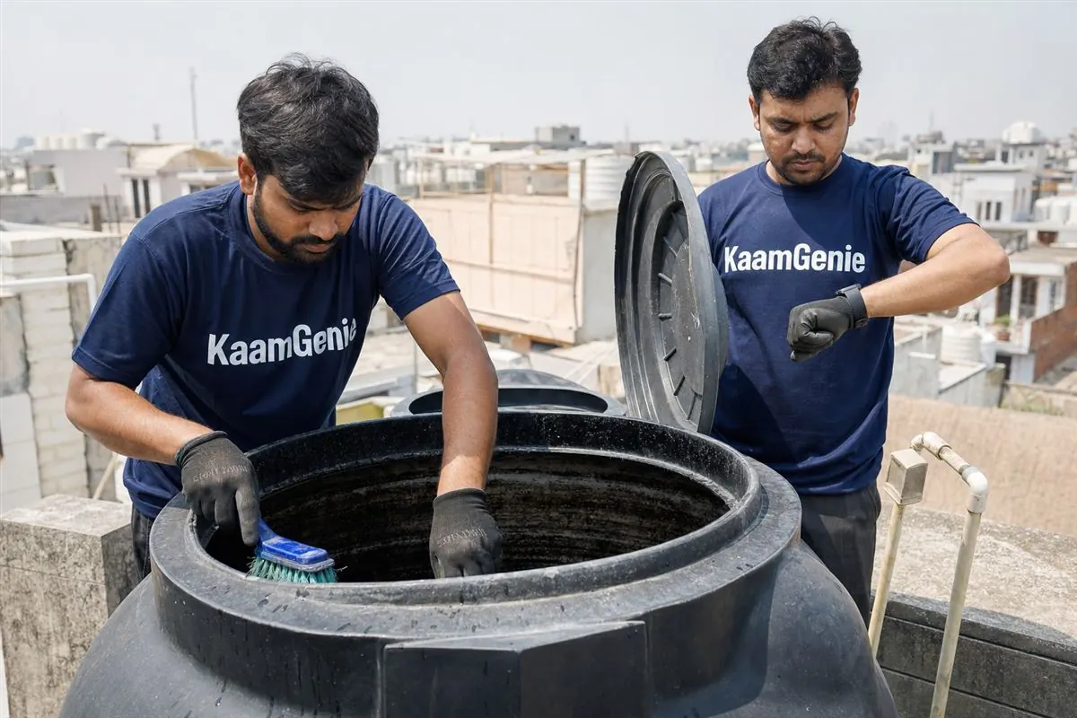 KaamGenie crew timing a water tank cleaning on a Delhi rooftop, mid-job on a 1000-litre overhead plastic tank