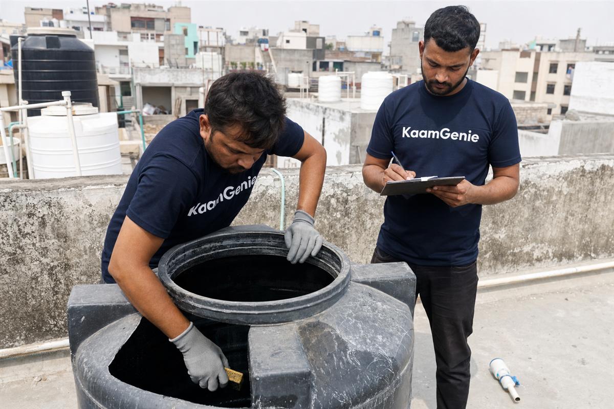 KaamGenie crew member scrubbing the inside of a 1000-litre plastic overhead tank on a Delhi rooftop while a colleague notes the time on a clipboard