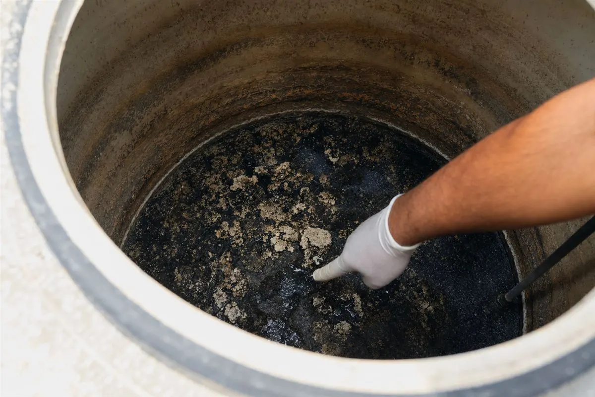Close-up of thick black sludge and hard-water scale at the bottom of a neglected Delhi water tank, showing why a heavily soiled tank takes longer to clean