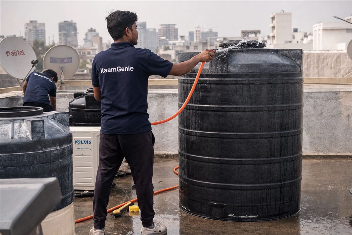KaamGenie worker in a navy shirt rinsing a finished clean water tank in Gurgaon