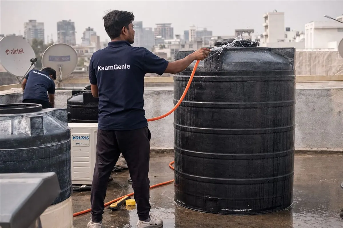 KaamGenie worker in a navy shirt rinsing a finished clean water tank in Gurgaon