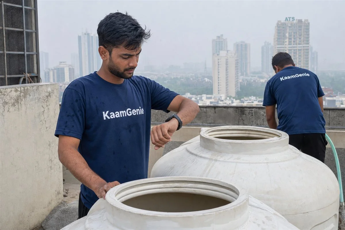 KaamGenie crew member in a navy shirt checking the time on a watch while cleaning a plastic rooftop water tank on a Noida terrace