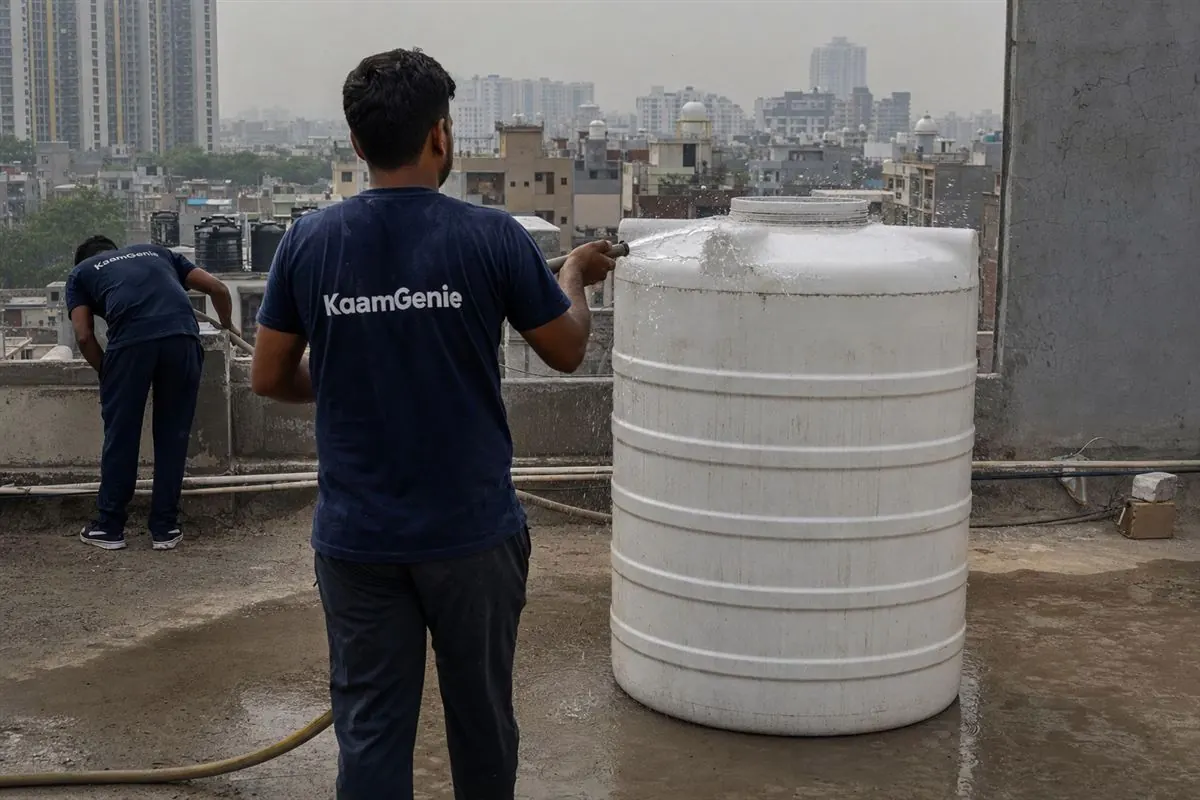 A KaamGenie worker in a navy shirt rinsing a freshly cleaned rooftop water tank in Noida