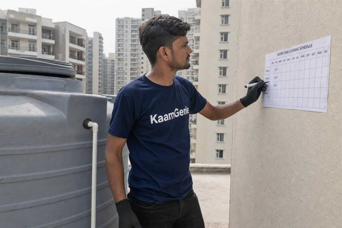 KaamGenie crew checking a rooftop water tank on a Gurgaon high-rise to set a cleaning schedule, DLF towers in the background