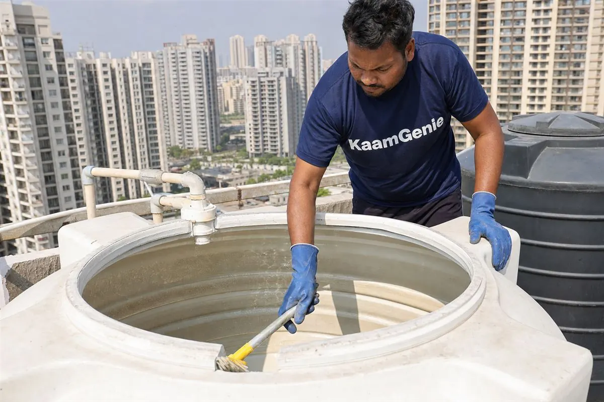 KaamGenie crew cleaning a large underground reservoir in a Gurgaon condominium basement, with rooftop tower tanks visible on the block above