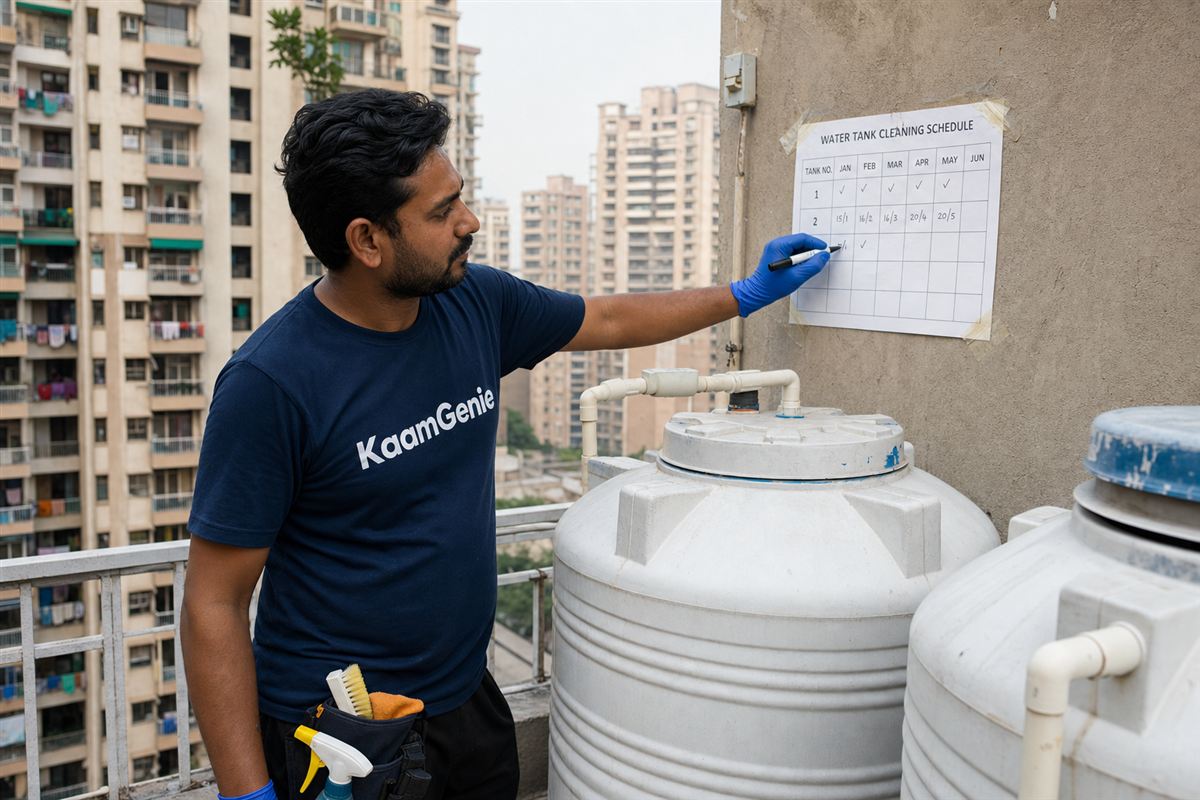 KaamGenie crew on a Noida rooftop checking a water tank cleaning schedule on a clipboard beside an overhead plastic tank