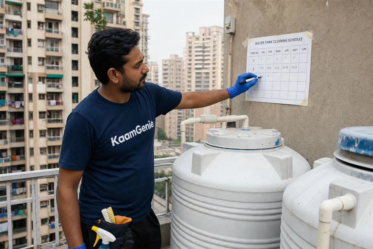 KaamGenie crew on a Noida rooftop checking a water tank cleaning schedule on a clipboard beside an overhead plastic tank