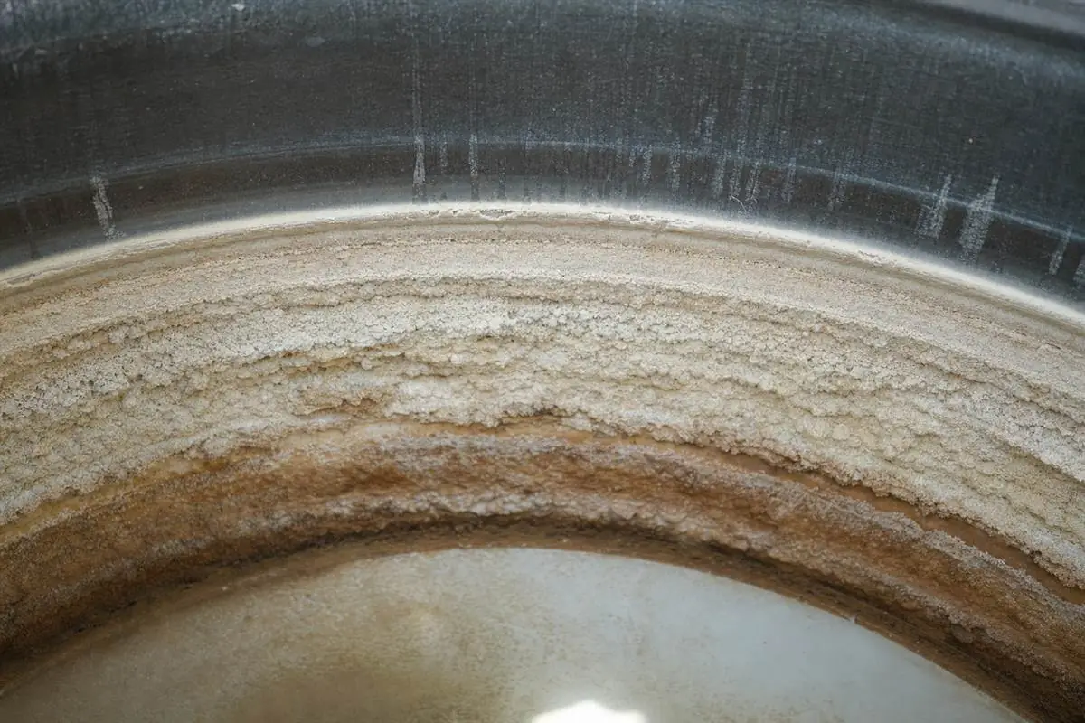 Close-up of calcium and iron scale building up on the inside wall of a Noida overhead water tank, showing why hard borewell water needs more frequent cleaning
