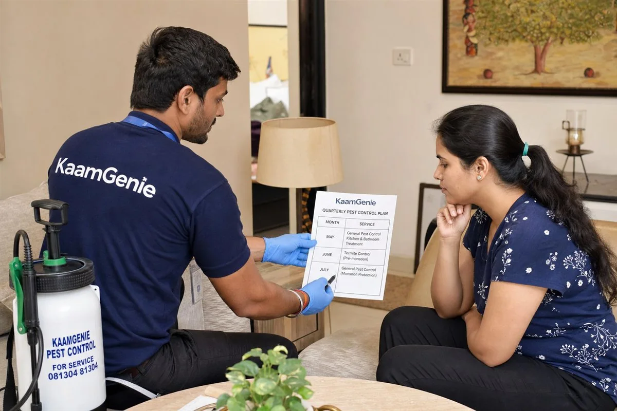 KaamGenie pest control technician on a scheduled AMC visit inspecting a Delhi home kitchen for cockroach and ant activity