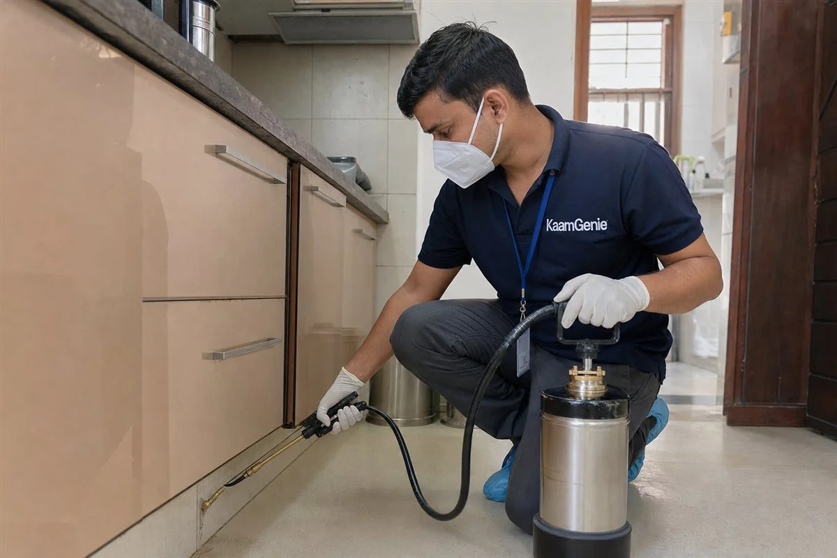 KaamGenie technician on a scheduled quarterly visit re-applying cockroach gel bait behind a Delhi kitchen cabinet