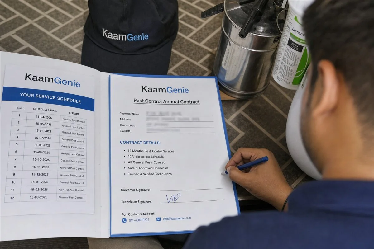 A KaamGenie annual pest control AMC plan document for a Delhi home showing scheduled quarterly visit dates