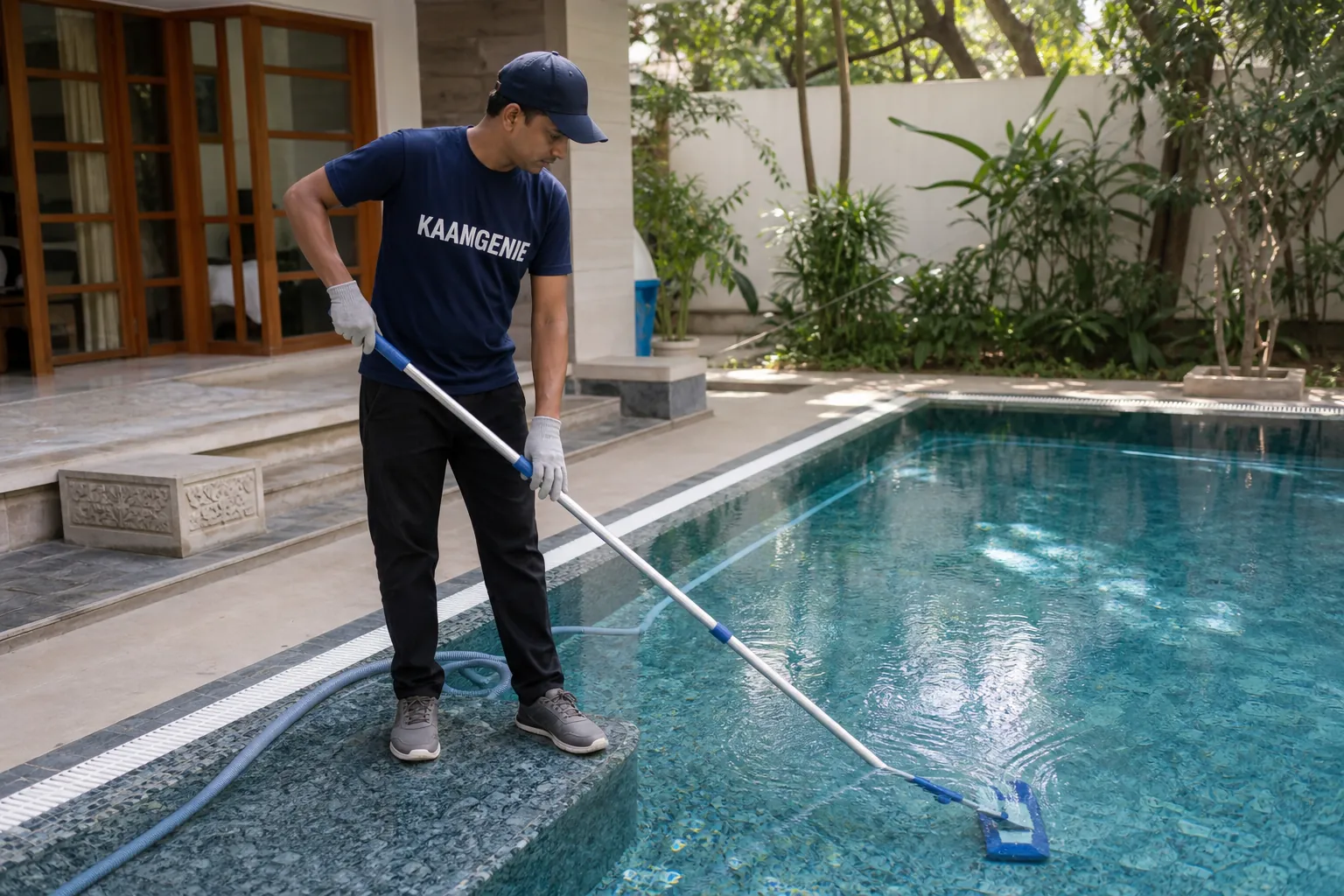 KaamGenie pool technician vacuuming the floor of a residential swimming pool in Delhi