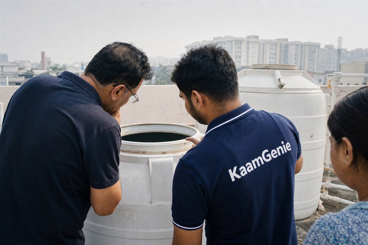 A Gurgaon homeowner peering into an open rooftop water tank while a KaamGenie specialist in a navy shirt advises
