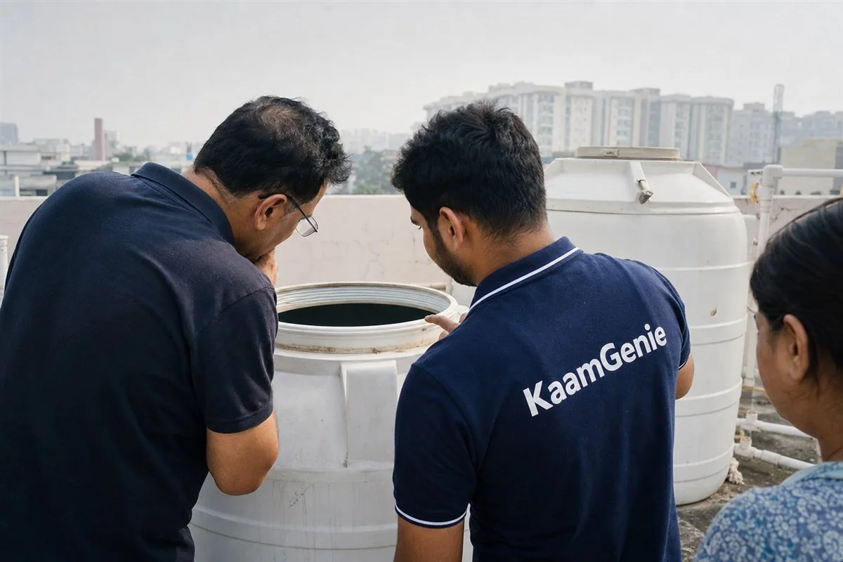 A Gurgaon homeowner peering into an open rooftop water tank while a KaamGenie specialist in a navy shirt advises