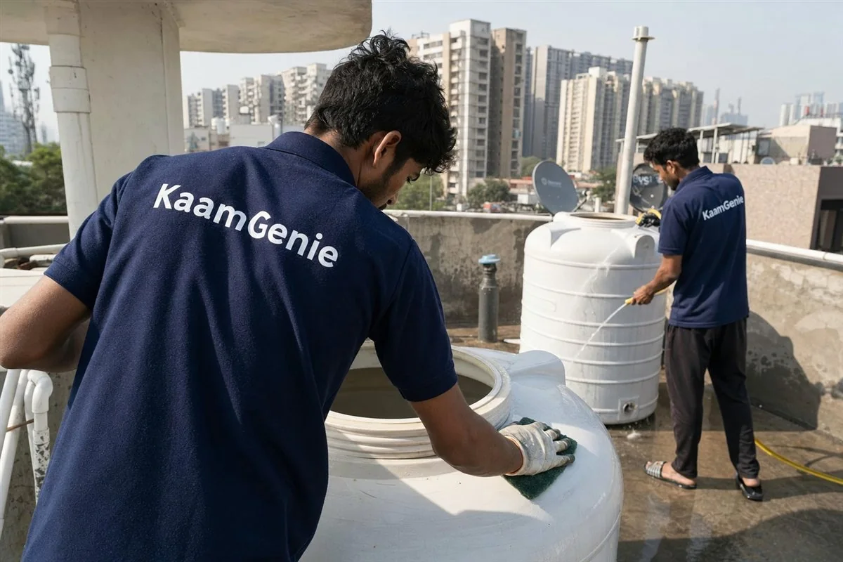 Two KaamGenie workers in navy shirts scrubbing and rinsing a water tank professionally on a Gurgaon terrace