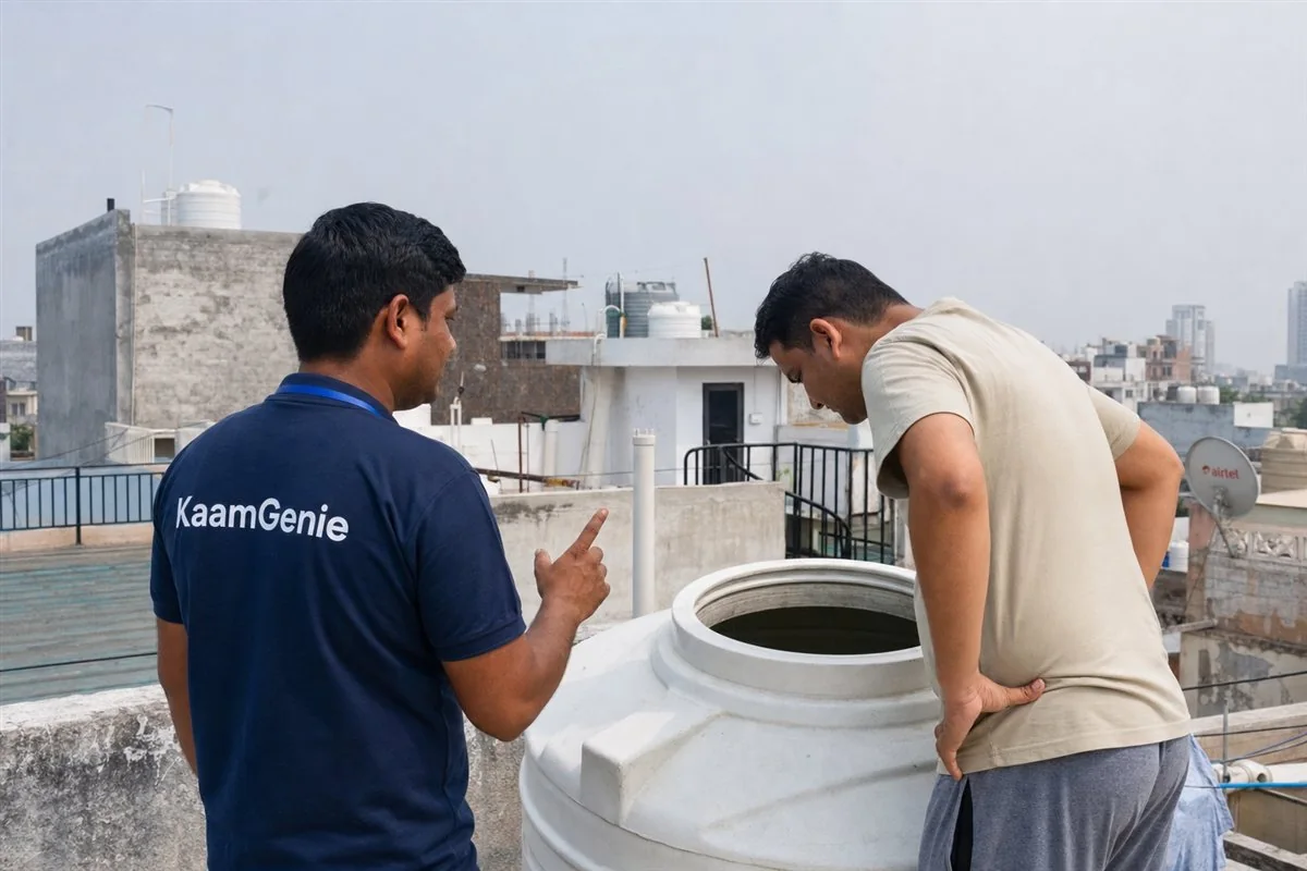 A Noida homeowner peering into an open rooftop water tank while a KaamGenie specialist in a navy shirt advises on the terrace