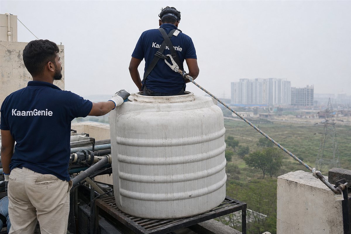 A KaamGenie worker in a navy shirt safely entering a large water tank with a harness, ventilation and proper confined-space equipment in Noida