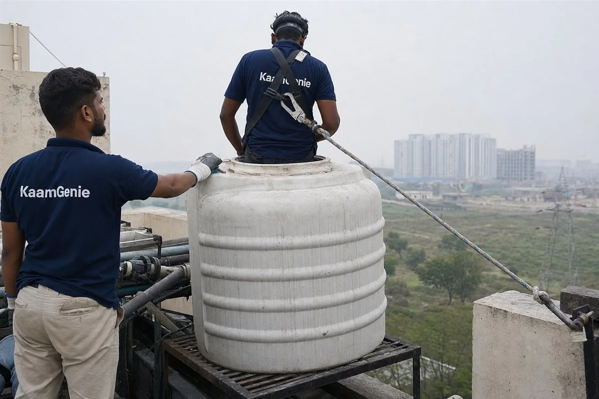 A KaamGenie worker in a navy shirt safely entering a large water tank with a harness, ventilation and proper confined-space equipment in Noida