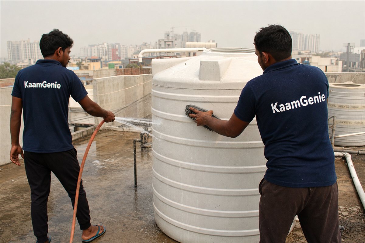 Two KaamGenie workers in navy shirts scrubbing and rinsing a water tank professionally on a Noida rooftop