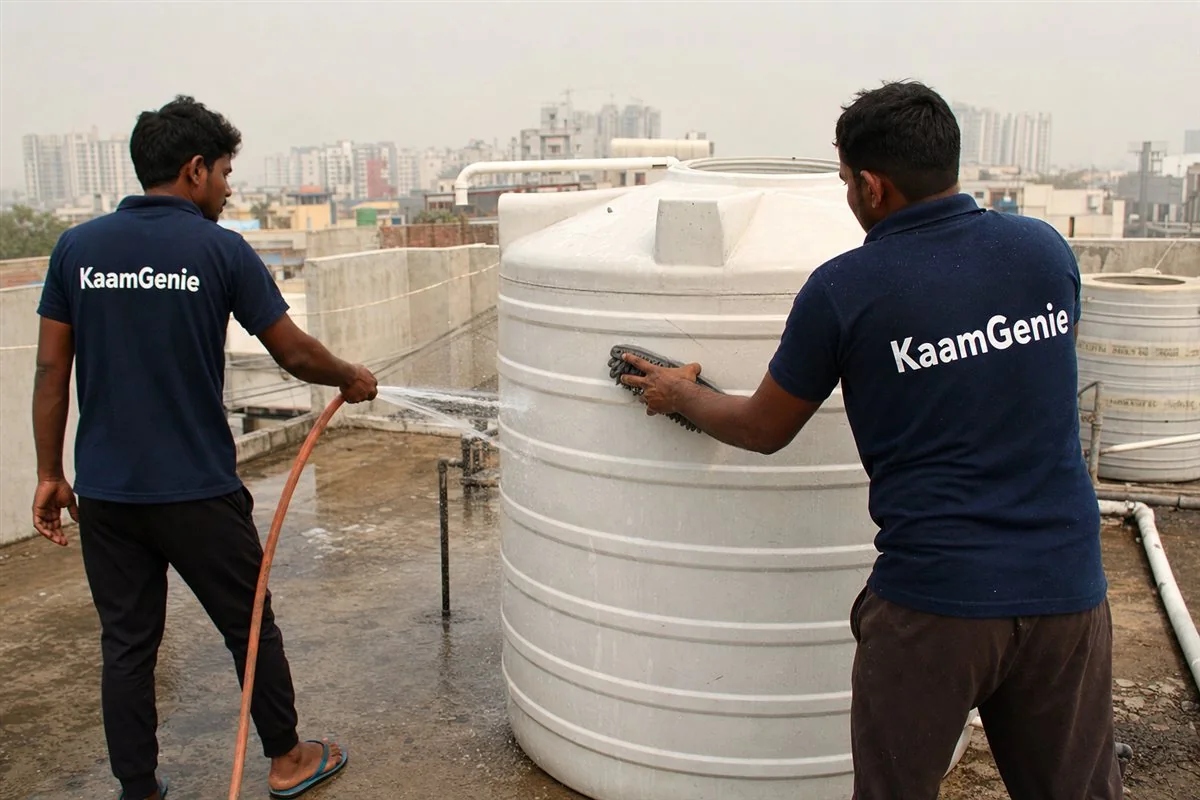 Two KaamGenie workers in navy shirts scrubbing and rinsing a water tank professionally on a Noida rooftop