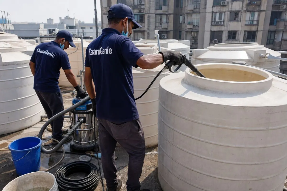 KaamGenie crew cleaning a water tank in HUDCO Place, Delhi