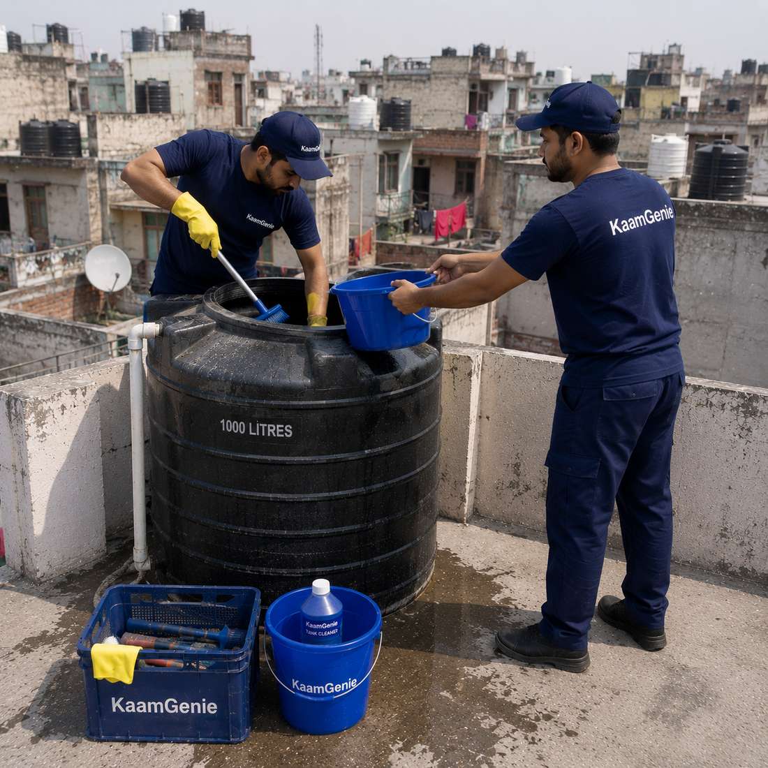 KaamGenie crew cleaning a water tank in Inderlok, West Delhi