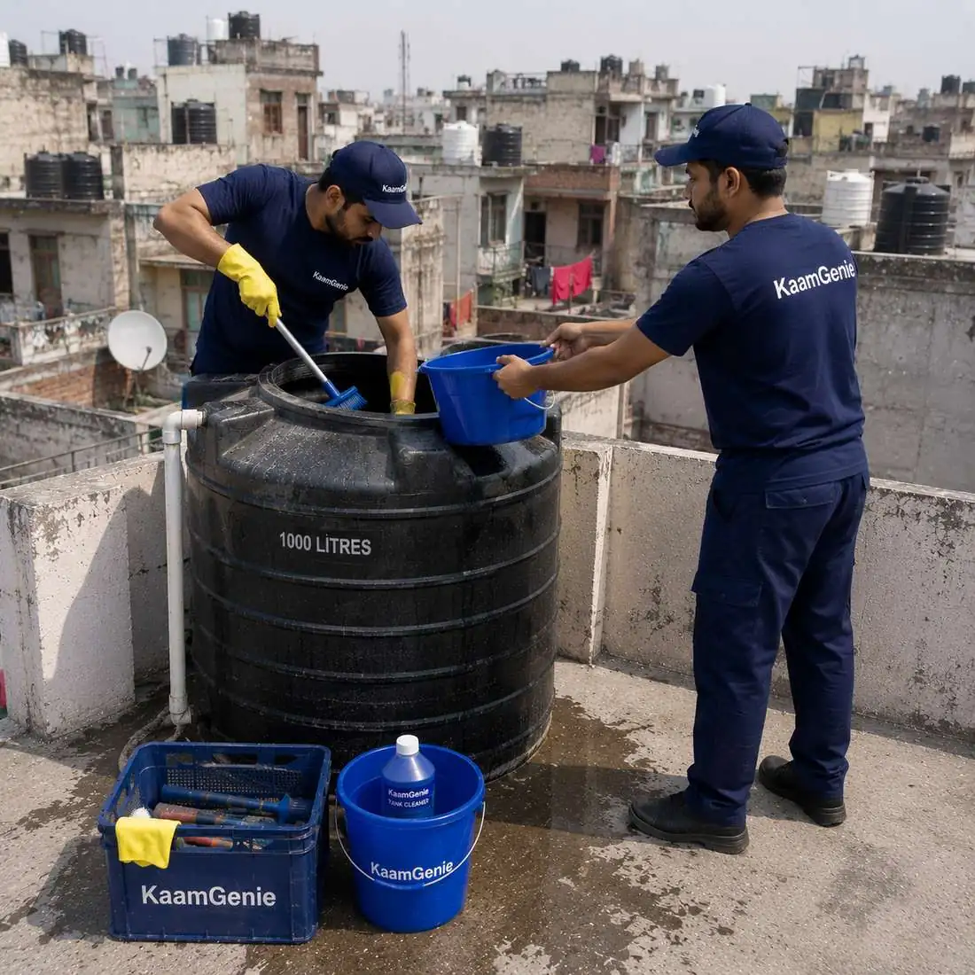 KaamGenie crew cleaning a water tank in Inderlok, West Delhi