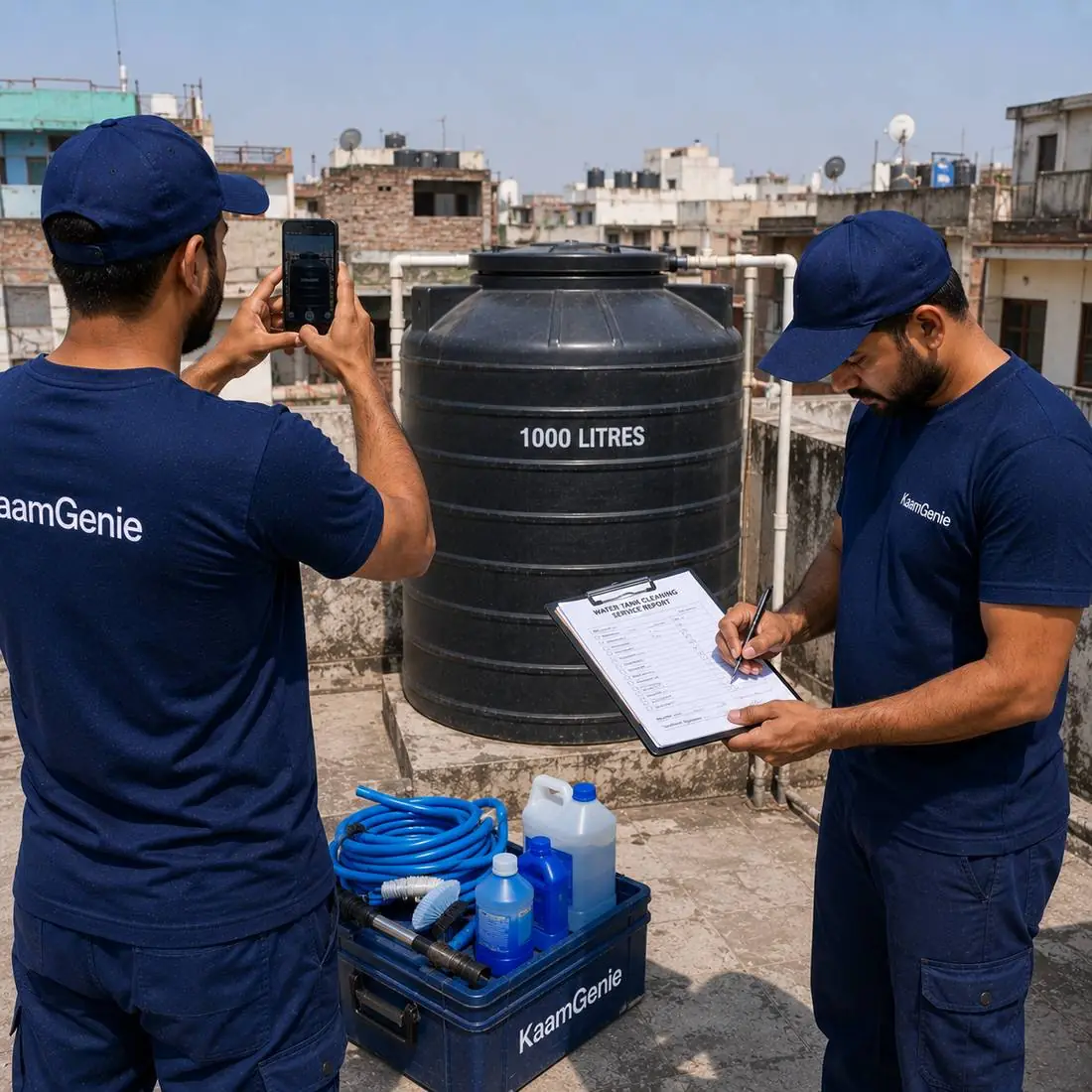 KaamGenie crew cleaning a water tank in Inderpuri, West Delhi