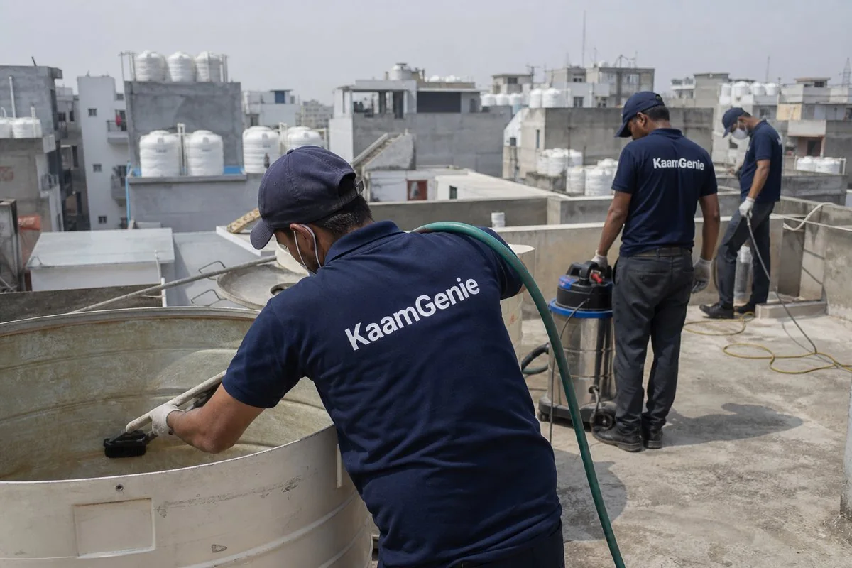 KaamGenie crew cleaning a water tank in Indira Vihar, North Delhi