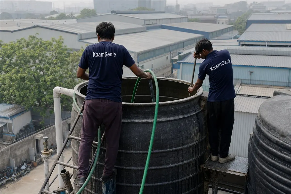 KaamGenie crew in navy shirts cleaning a large industrial water storage tank at a Gurgaon and Manesar factory with sheds behind