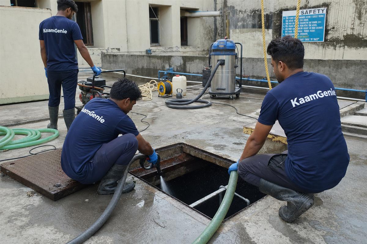 KaamGenie confined-space-trained crew cleaning a large industrial water storage reservoir at a Delhi factory