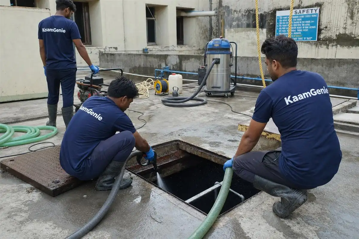 KaamGenie confined-space-trained crew cleaning a large industrial water storage reservoir at a Delhi factory