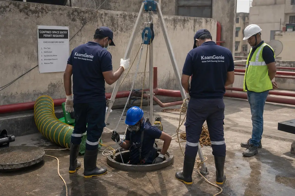 KaamGenie confined-space-trained crew cleaning a large industrial water storage reservoir at a Delhi factory