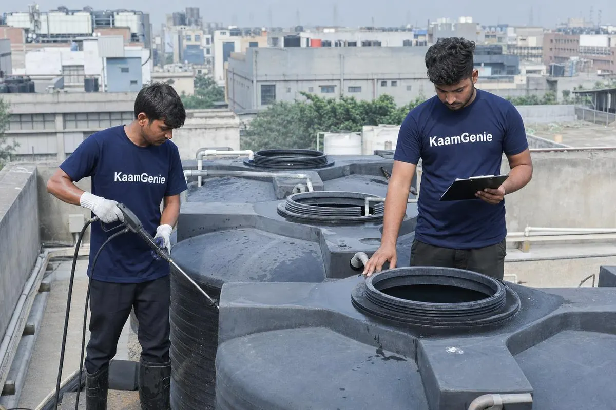 KaamGenie industrial cleaning crew servicing a rooftop water tank cluster on a Delhi NCR factory complex