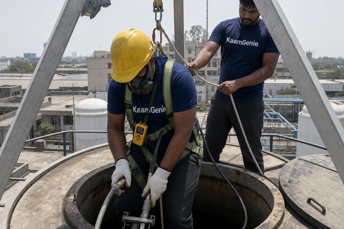 KaamGenie supervisor and two crew members in safety harnesses preparing to clean a large concrete reservoir at a Delhi NCR factory