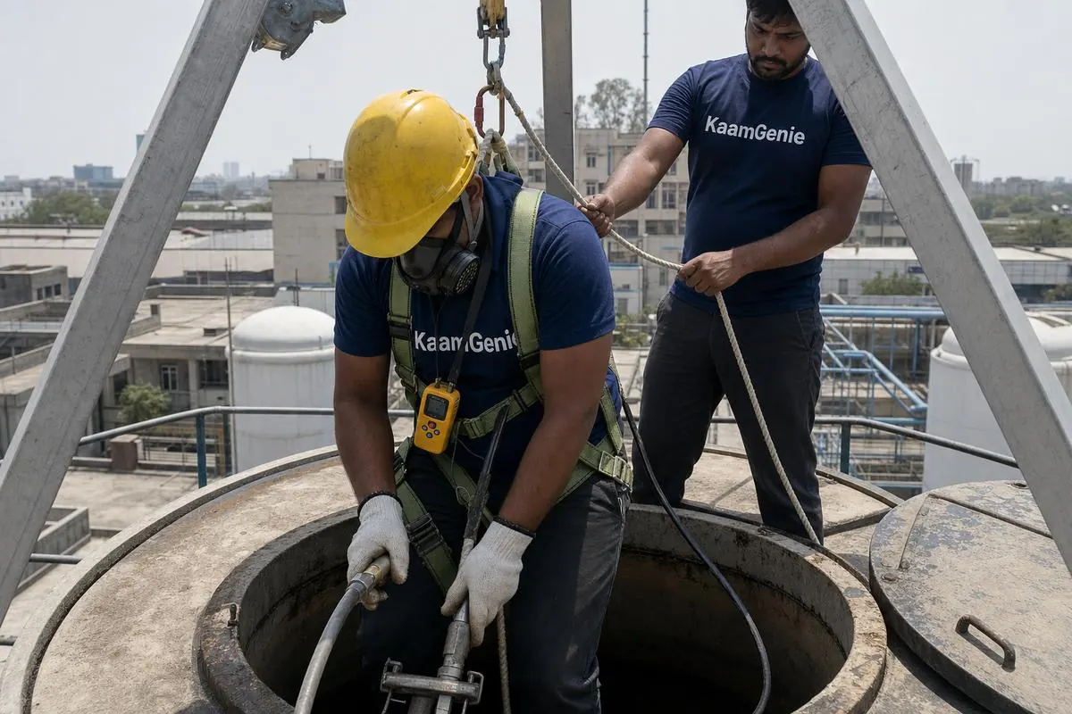 KaamGenie supervisor and two crew members in safety harnesses preparing to clean a large concrete reservoir at a Delhi NCR factory