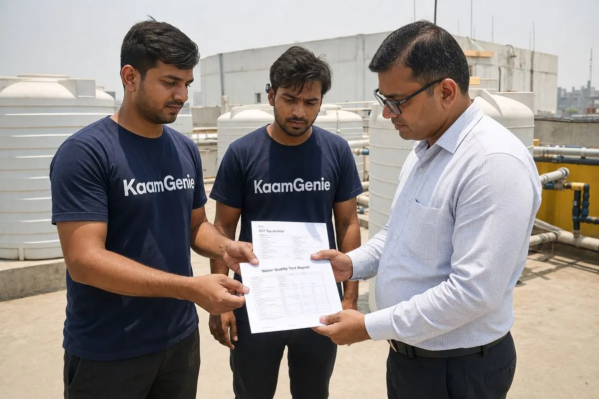 KaamGenie crew documenting an oxygen monitor reading before confined-space entry at a Gurgaon office tower basement sump