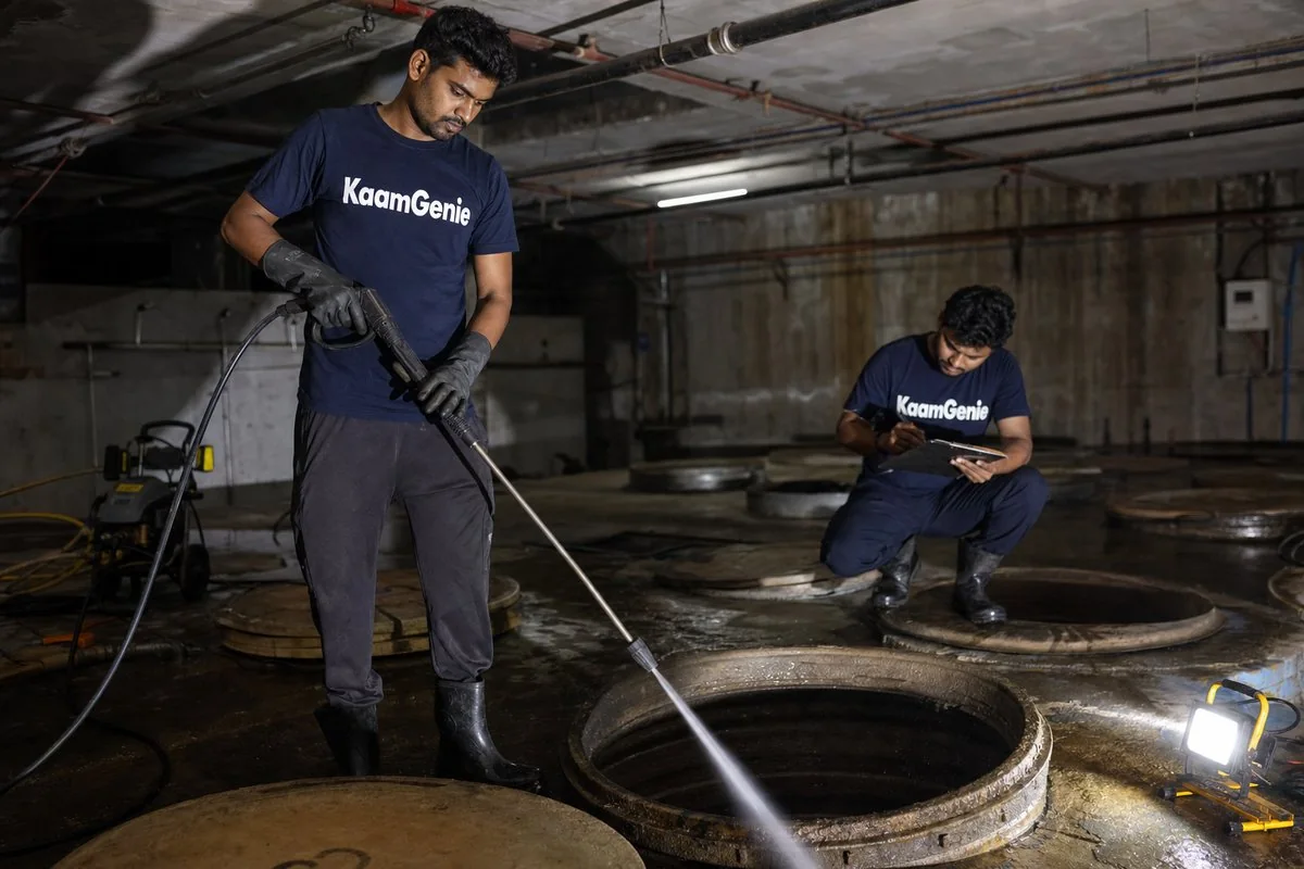 KaamGenie supervisor handing the post-job documentation pack — water-test lab report, safety checklist, GST invoice — to a Gurgaon facility manager