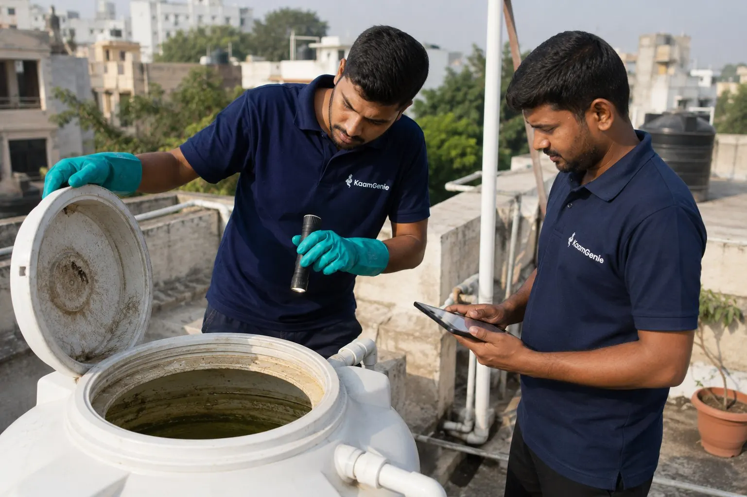 KaamGenie crew inspecting an open plastic water tank on a Delhi rooftop - one crew member shines a torch inside while the other documents on a tablet